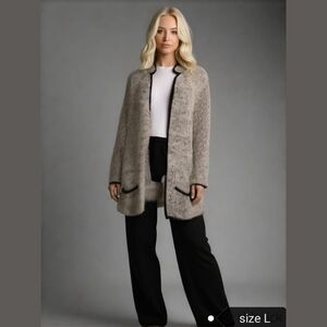 VINTAGE 80s cardigan boucle sweater oversized grey black piping Size L